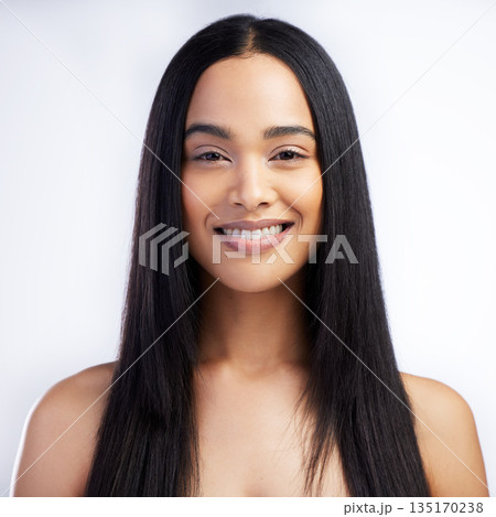 Face, smile and straight hair of woman in studio isolated on a white background for skincare. Portrait, haircare and female model in natural makeup, cosmetics and salon treatment for beauty hairstyle Face, smile and straight hair of woman in studio isolated on a white background for skincare. Portrait, haircare and female model in natural makeup, cosmetics and salon treatment for beauty hairstyle 135170238