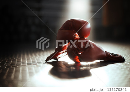 Gym, background and boxing gloves for fitness, sports and training, wellness and mma competition. Closeup, red boxer glove or fighting sport equipment in empty health center for workout or challenge Gym, background and boxing gloves for fitness, sports and training, wellness and mma competition. Closeup, red boxer glove or fighting sport equipment in empty health center for workout or challenge 135170241