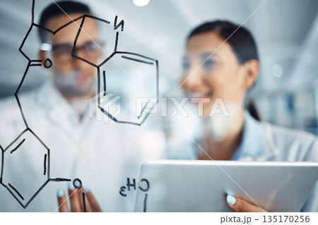Chemistry formula, tablet and man and woman with equation for medical research, medicine and solution. Healthcare, teamwork and male and female scientist with idea, analysis and tablet in laboratory 135170256