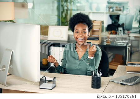 Success portrait, happy and a black woman with good news, bonus celebration or career win. Business smile, winner and an African employee with company pride, happiness and achievement at a job 135170261