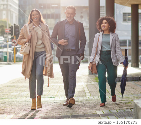 Business people in city, walking and travel with commute to work, happy corporate group with journey and outdoor. Professional, businessman and women walk in street with employees traveling together 135170275