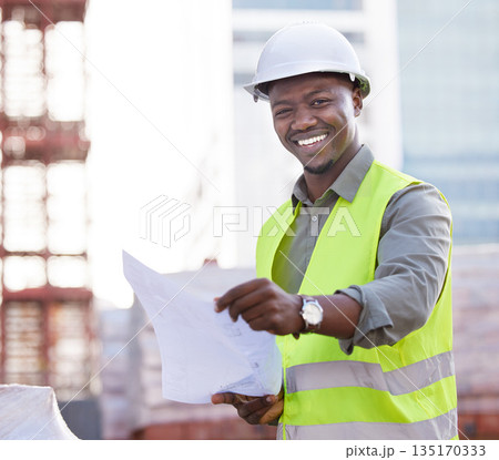 Portrait of black man engineer, floor plan and construction site in city, planning with safety and paper for inspection. Smile, architect or project manager at building, engineering and blueprint. Portrait of black man engineer, floor plan and construction site in city, planning with safety and paper for inspection. Smile, architect or project manager at building, engineering and blueprint. 135170333