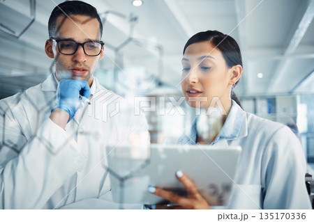 Chemistry, tablet and scientist team for science equation, medical research and formula solution. Healthcare, teamwork and man with woman on tech for medicine, analysis and glass idea in laboratory Chemistry, tablet and scientist team for science equation, medical research and formula solution. Healthcare, teamwork and man with woman on tech for medicine, analysis and glass idea in laboratory 135170336