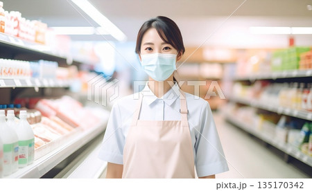 ドラッグストアで在庫管理をする日本人女性スタッフ 135170342