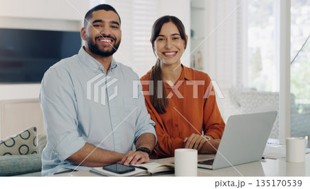 Couple, portrait and budget planning at home with a smile and finance savings paperwork. Happiness, marriage and people with internet, web and computer for digital banking for tax and investment Couple, portrait and budget planning at home with a smile and finance savings paperwork. Happiness, marriage and people with internet, web and computer for digital banking for tax and investment 135170539