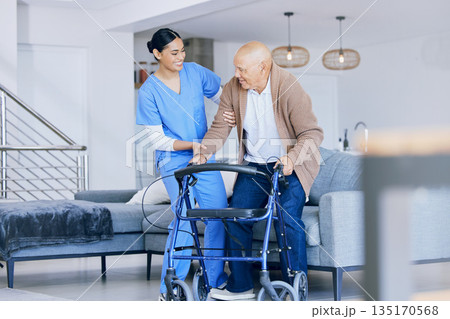Senior man with walker, woman caregiver and retirement, health with help and support in nursing home. Happy people, female nurse and male person with disability, physical therapy and rehabilitation 135170568