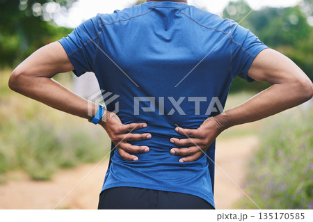 Sports, fitness and man with back pain in park after workout, exercise and marathon training in nature. Medical emergency, body health and male person with muscle strain, spine injury and joint ache 135170585