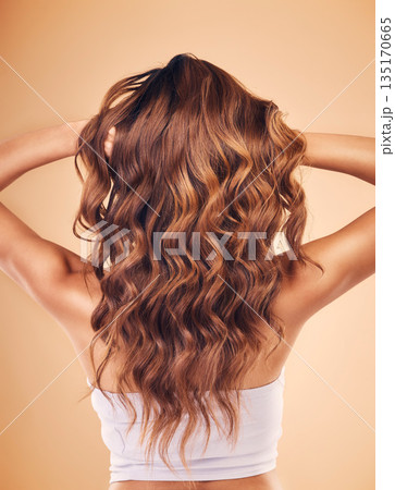 Woman, hair and beauty with balayage, back view of curly hairstyle with haircare and keratin treatment on studio background. Female model with color highlights, cosmetic shine and texture with growth Woman, hair and beauty with balayage, back view of curly hairstyle with haircare and keratin treatment on studio background. Female model with color highlights, cosmetic shine and texture with growth 135170665