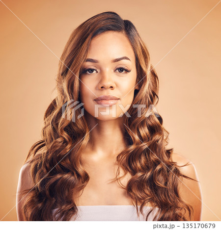 Woman in portrait, hair and beauty with hairstyle and shine, haircare and keratin treatment on studio background. Female model with color highlights, balayage and cosmetic care with texture and curls Woman in portrait, hair and beauty with hairstyle and shine, haircare and keratin treatment on studio background. Female model with color highlights, balayage and cosmetic care with texture and curls 135170679