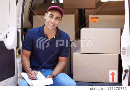 Delivery van, clipboard and portrait of man with boxes for shipping, logistics and supply chain checklist. Ecommerce, online shopping and male driver with list to deliver package, parcel and order 135170752