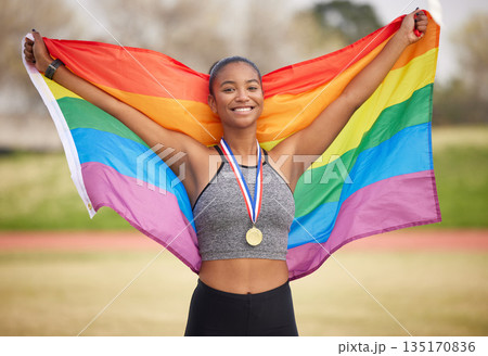Rainbow flag, pride and portrait of a woman outdoor after winning a race, marathon or competition. Happy, smile and lesbian female athlete with lgbtq fabric for gay rights, equality or celebration. Rainbow flag, pride and portrait of a woman outdoor after winning a race, marathon or competition. Happy, smile and lesbian female athlete with lgbtq fabric for gay rights, equality or celebration. 135170836