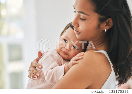 Mother, holding baby and love in a family home for bonding, security and quality time. Woman or mom and girl child relax together in a house for development, trust and support or care on mothers day Mother, holding baby and love in a family home for bonding, security and quality time. Woman or mom and girl child relax together in a house for development, trust and support or care on mothers day 135170851
