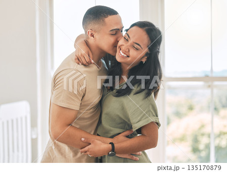 Happy couple, kiss and hug in home of love, intimacy and relax for romance, bonding and trust together. Young man, woman and kissing partner for quality time, care or happiness in loving relationship Happy couple, kiss and hug in home of love, intimacy and relax for romance, bonding and trust together. Young man, woman and kissing partner for quality time, care or happiness in loving relationship 135170879