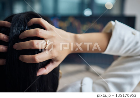 Business woman, stress and hand on head for stock market crash, debt or review. Back of female broker at computer for SEO, trading and anxiety for fail or financial crisis, problem or investment risk Business woman, stress and hand on head for stock market crash, debt or review. Back of female broker at computer for SEO, trading and anxiety for fail or financial crisis, problem or investment risk 135170952