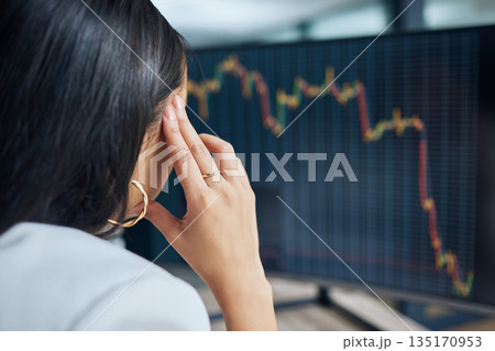 Business woman, stress and computer graphs on dashboard screen for data analysis report. Back of female broker at pc for SEO, trading and anxiety for fail, stock market crash or crisis problem 135170953