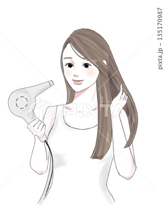 イラスト素材:ドライヤー・ブロー・美髪・ヘアケア・女性 イラスト素材:ドライヤー・ブロー・美髪・ヘアケア・女性 135170987