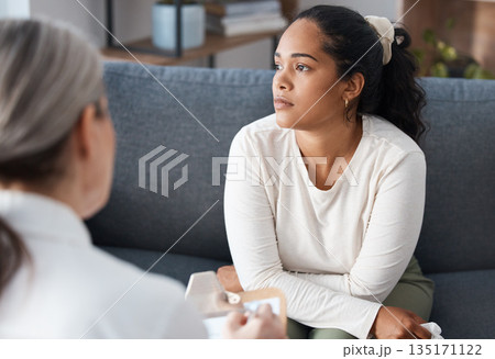 Thinking psychologist, therapy and woman in consultation for mental health on sofa. Therapist, psychology and female patient consulting, counseling and discussion for depression, memory and problem. 135171122
