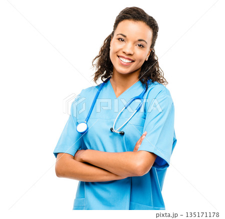 Healthcare, portrait of woman doctor and smile against a white background with stethoscope. Happiness, medical and female nurse or surgeon smiling against a studio backdrop for health wellness Healthcare, portrait of woman doctor and smile against a white background with stethoscope. Happiness, medical and female nurse or surgeon smiling against a studio backdrop for health wellness 135171178