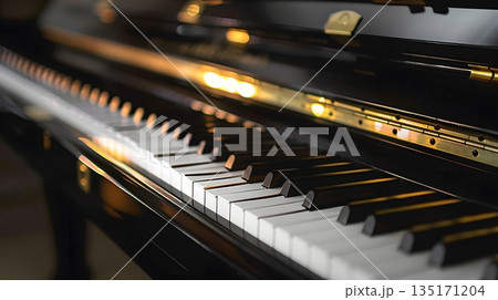 光を反射するピアノ鍵盤のクローズアップ 135171204