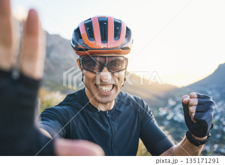Man, portrait and mountain bike with selfie, smile and fist celebration for winning, race and fitness. Guy, mountains and cycling achievement with photography, profile picture and social network app Man, portrait and mountain bike with selfie, smile and fist celebration for winning, race and fitness. Guy, mountains and cycling achievement with photography, profile picture and social network app 135171291