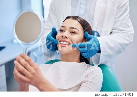Dentist, mirror and woman check smile after teeth cleaning, braces and dental consultation. Healthcare, dentistry and happy female patient with orthodontist for oral hygiene, wellness and cleaning 135171401