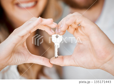 New home, couple and hand heart showing key for moving, love and mortgage celebration. Happiness, emoji and excited hands sign with house and real estate keys together with loving support and joy 135171443