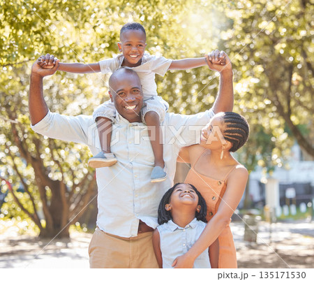 Portrait, mother or father with happy kids in park to relax with smile or wellness on family holiday together. African dad, mom or child bonding or smiling with lovely parents in nature in summer Portrait, mother or father with happy kids in park to relax with smile or wellness on family holiday together. African dad, mom or child bonding or smiling with lovely parents in nature in summer 135171530