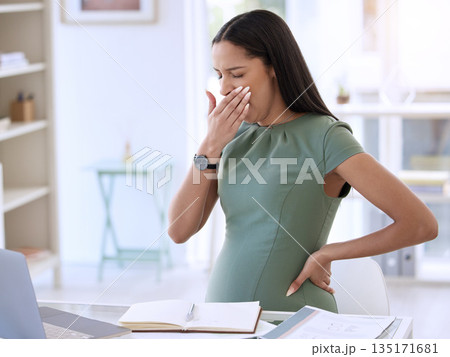 Tired, business woman and pregnant with yawn and fatigue from office work. Pregnancy, female employee and maternity of a worker with fatigue and burnout at a company for report deadline with notes Tired, business woman and pregnant with yawn and fatigue from office work. Pregnancy, female employee and maternity of a worker with fatigue and burnout at a company for report deadline with notes 135171681