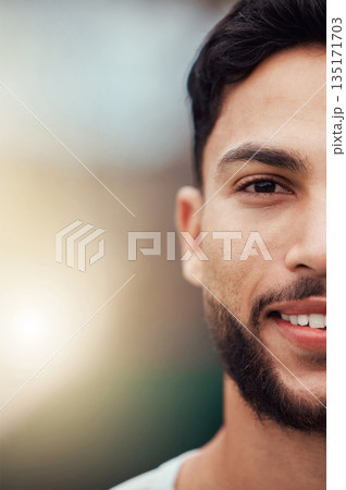 Sports, closeup and half portrait of happy man with fitness mindset, confidence and mockup space. Workout goals, pride and happiness, face of male athlete with motivation in health, wellness and zoom 135171703