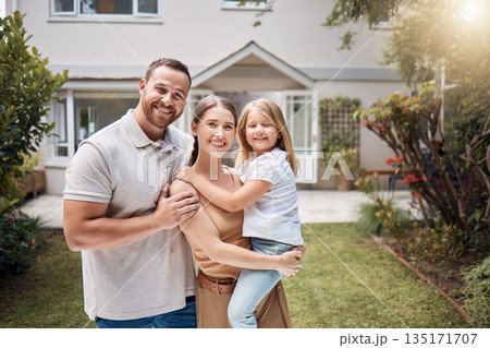 Portrait, happy family and kid outdoor at new house, real estate and building mortgage in residential neighborhood. Mother, father and child smile outside for property investment, moving or homeowner Portrait, happy family and kid outdoor at new house, real estate and building mortgage in residential neighborhood. Mother, father and child smile outside for property investment, moving or homeowner 135171707