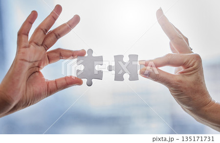 Puzzle, teamwork and partnership with hands of business people for synergy, support or trust. Integration, problem solving and solution with employees and jigsaw for mission, collaboration or process Puzzle, teamwork and partnership with hands of business people for synergy, support or trust. Integration, problem solving and solution with employees and jigsaw for mission, collaboration or process 135171731