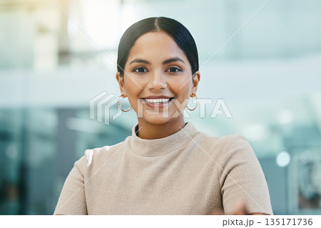 Portrait, smile and business woman, designer or creative in office workplace. Face, happy and female entrepreneur, professional or design employee from India with pride for career, job and company. Portrait, smile and business woman, designer or creative in office workplace. Face, happy and female entrepreneur, professional or design employee from India with pride for career, job and company. 135171736
