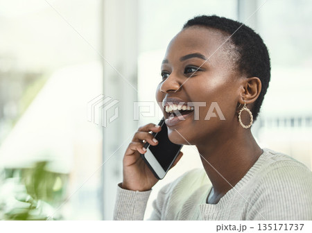 Black woman on professional phone call, smile with communication and networking with business contact. Happy female employee at office, talking on mobile and b2b with mockup space and technology 135171737