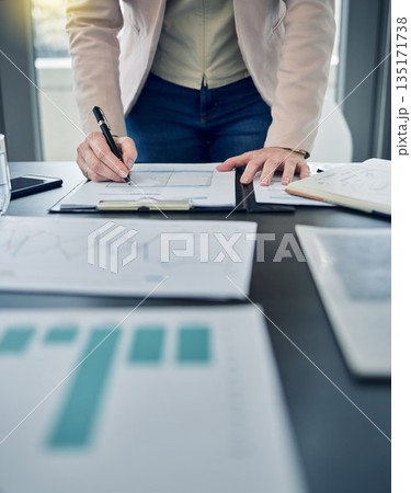 Closeup, business person or employee with paperwork, signing or contract for a promotion, planning or budget. Zoom, entrepreneur or ceo with documents, professional or writing with review or feedback 135171738