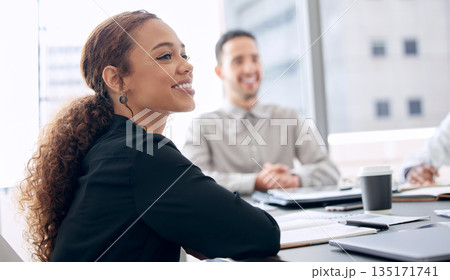 Happy, smile and business woman in meeting for conference, project management and workshop. Teamwork, planning and collaboration with employee in office for corporate, professional and strategy Happy, smile and business woman in meeting for conference, project management and workshop. Teamwork, planning and collaboration with employee in office for corporate, professional and strategy 135171741
