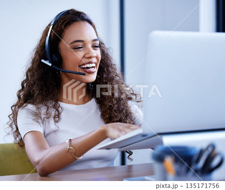 Laptop, call center and funny woman consulting in office for customer service. Contact us, computer and African female sales agent, consultant telemarketing or crm, support or help, advice and happy. 135171756