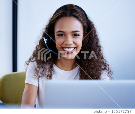 Laptop, call center agent and portrait of woman in office for customer service. Face, contact us and African female sales consultant, happy professional and telemarketing employee from South Africa. 135171757