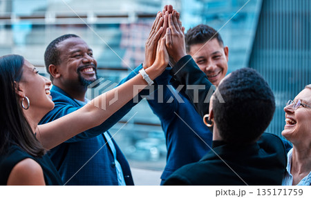 High five, collaboration and motivation with a business team on a balcony together for success or celebration. Teamwork, meeting and wow with a group of corporate people in support of company growth High five, collaboration and motivation with a business team on a balcony together for success or celebration. Teamwork, meeting and wow with a group of corporate people in support of company growth 135171759