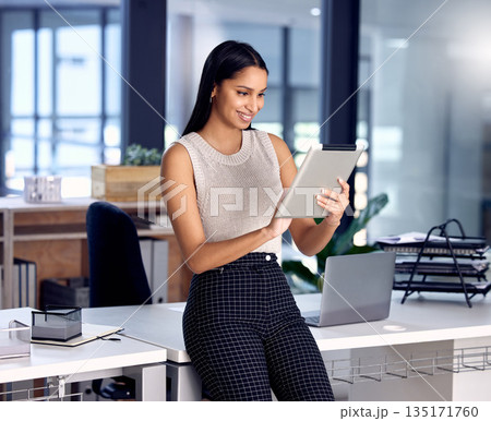 Business, employee and woman with a tablet, smile or typing with connection, network or online reading. Female person, business owner or entrepreneur with technology, digital planning or website info Business, employee and woman with a tablet, smile or typing with connection, network or online reading. Female person, business owner or entrepreneur with technology, digital planning or website info 135171760