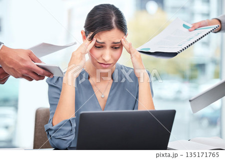 Headache, chaos and business woman, documents or computer stress, financial report and debt fail, crisis or mistake. Confused, time management problem and manager, people hands and finance paperwork 135171765