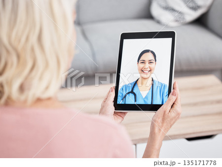 Healthcare, doctor or woman on a video call, consultation or connection for communication. Female person, patient or medical professional with a tablet, conversation or advice with telehealth or cure 135171778