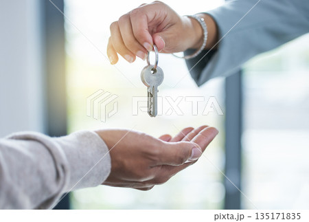 Keys, hands and sale of property, house or real estate investment with realtor and new home. Closeup, hand and key for homeowner buying or renting apartment, building or moving and relocation Keys, hands and sale of property, house or real estate investment with realtor and new home. Closeup, hand and key for homeowner buying or renting apartment, building or moving and relocation 135171835