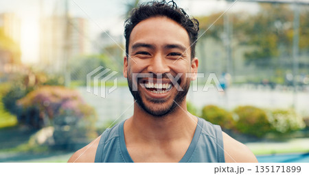 Fitness, portrait or man on tennis court with smile, sportswear or performance goal in exercise hobby. Padel, happy or athlete outdoor with confidence, challenge or health for body transformation. 135171899