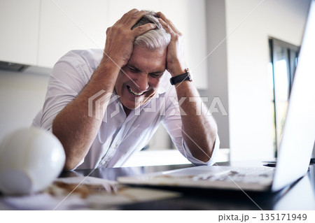 Stress, headache and business man on laptop with anxiety, debt review or work from home accident or depression. Mental health problem, mistake and burnout, fatigue or tired CEO person on computer 135171949