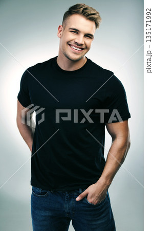 Portrait, smile and casual man in studio for fashion, style and cool guy with confidence. Person, face and smiling or laughing with happiness or hands in denim jeans pocket on white background Portrait, smile and casual man in studio for fashion, style and cool guy with confidence. Person, face and smiling or laughing with happiness or hands in denim jeans pocket on white background 135171992