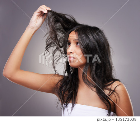 Frustrated, hair damage and woman with split ends on studio background for haircare, beauty and salon haircut. Girl, head and grooming problem or care, treatment and model with messy hairstyle 135172039