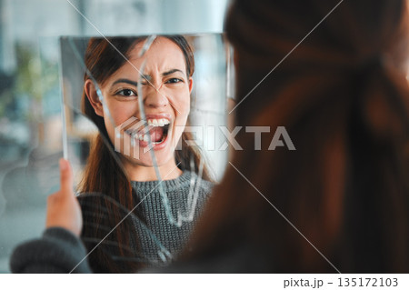 Mirror, broken and mental health with reflection of woman for bipolar, split identity and anxiety. Stress, psychology and ego with female person at home for fear, danger and schizophrenia crisis 135172103