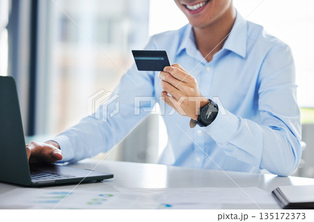 Business man, credit card and laptop in office for online shopping, typing info or payment on internet. Happy businessman, banking and password for cybersecurity with sale, discount or fintech on web 135172373