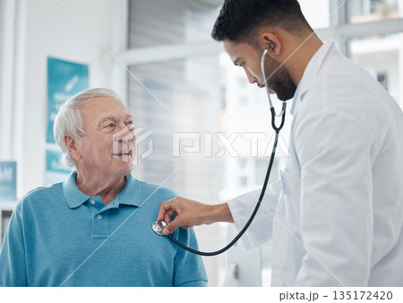 Healthcare, senior man and doctor with a stethoscope, surgeon and innovation for diagnosis, treatment and talking. Medical professional, mature male person and elderly patient with cardiology expert 135172420