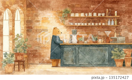 カフェに立つくま 水彩タッチ 物語風イラスト 135172427